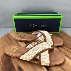 Wonder Moniq Raffia Criss Cross Slide Sandals Cognac Brown Womens 9